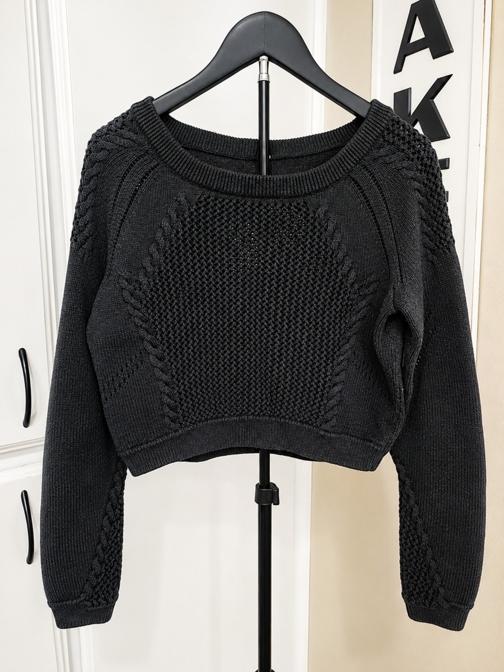 lululemon athletica Black Cropped Cable-Knit Crewneck Sweater